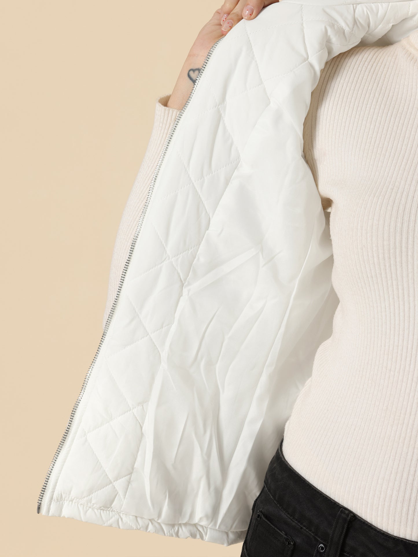 Woman Zip Up Front Stand Collar Slant Pockets Quilted Padded Vest