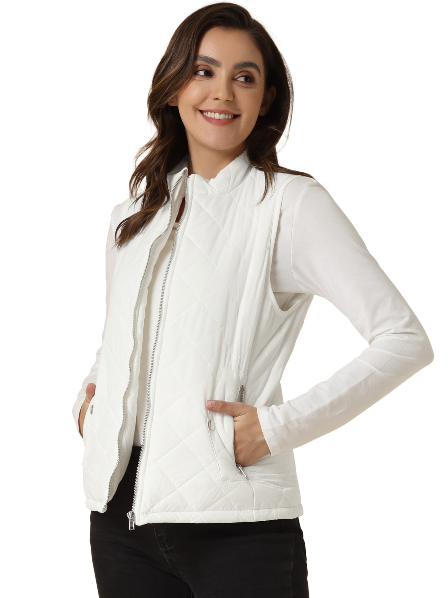 Woman Zip Up Front Stand Collar Slant Pockets Quilted Padded Vest