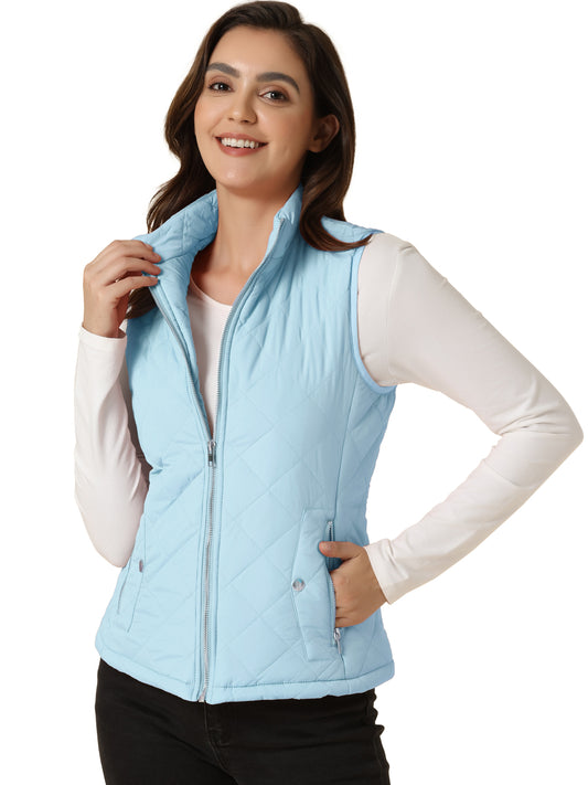 Woman Zip Up Front Stand Collar Slant Pockets Quilted Padded Vest