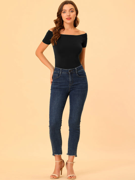 Women's Off Shoulder Top Short Sleeve Solid Basic Slim Fit Tees