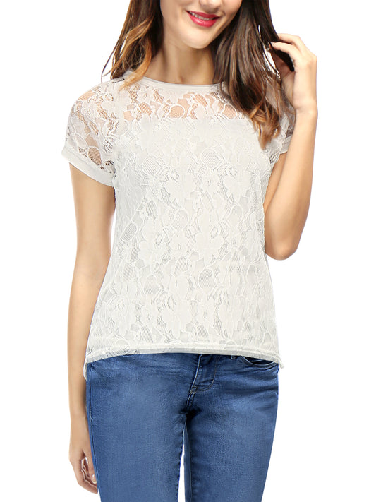 Women's Lace Floral Crew Neck Batwing Short Sleeves See-Through Top