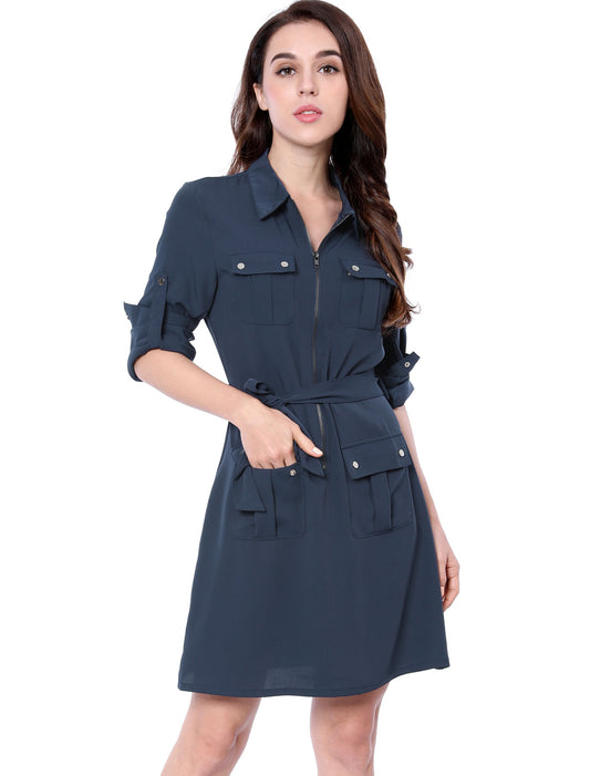 Women's Roll Up Sleeves Multi-Pocket Safari Belted Collared Shirt Dress