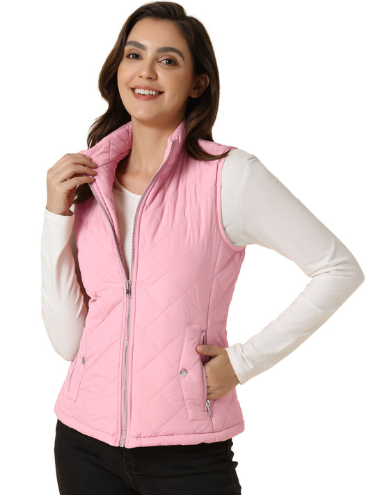 Woman Zip Up Front Stand Collar Slant Pockets Quilted Padded Vest