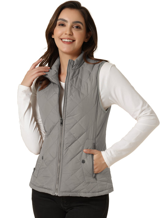 Woman Zip Up Front Stand Collar Slant Pockets Quilted Padded Vest