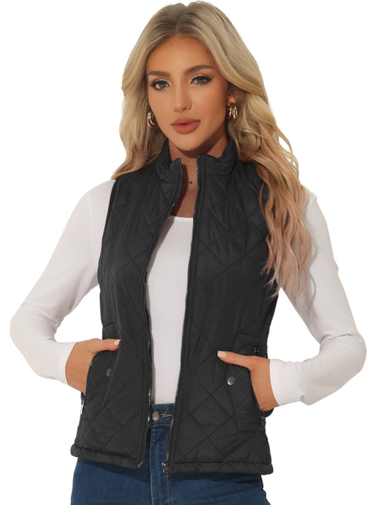 Woman Zip Up Front Stand Collar Slant Pockets Quilted Padded Vest