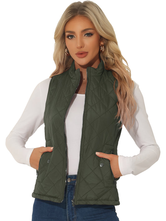 Woman Zip Up Front Stand Collar Slant Pockets Quilted Padded Vest
