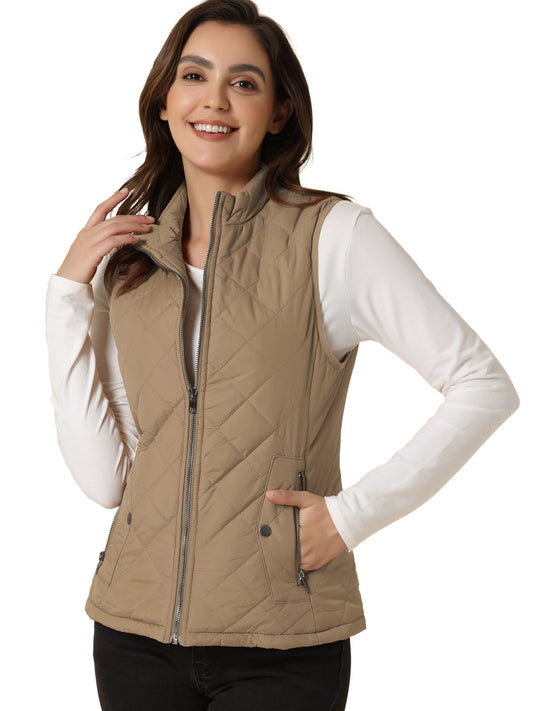 Woman Zip Up Front Stand Collar Slant Pockets Quilted Padded Vest