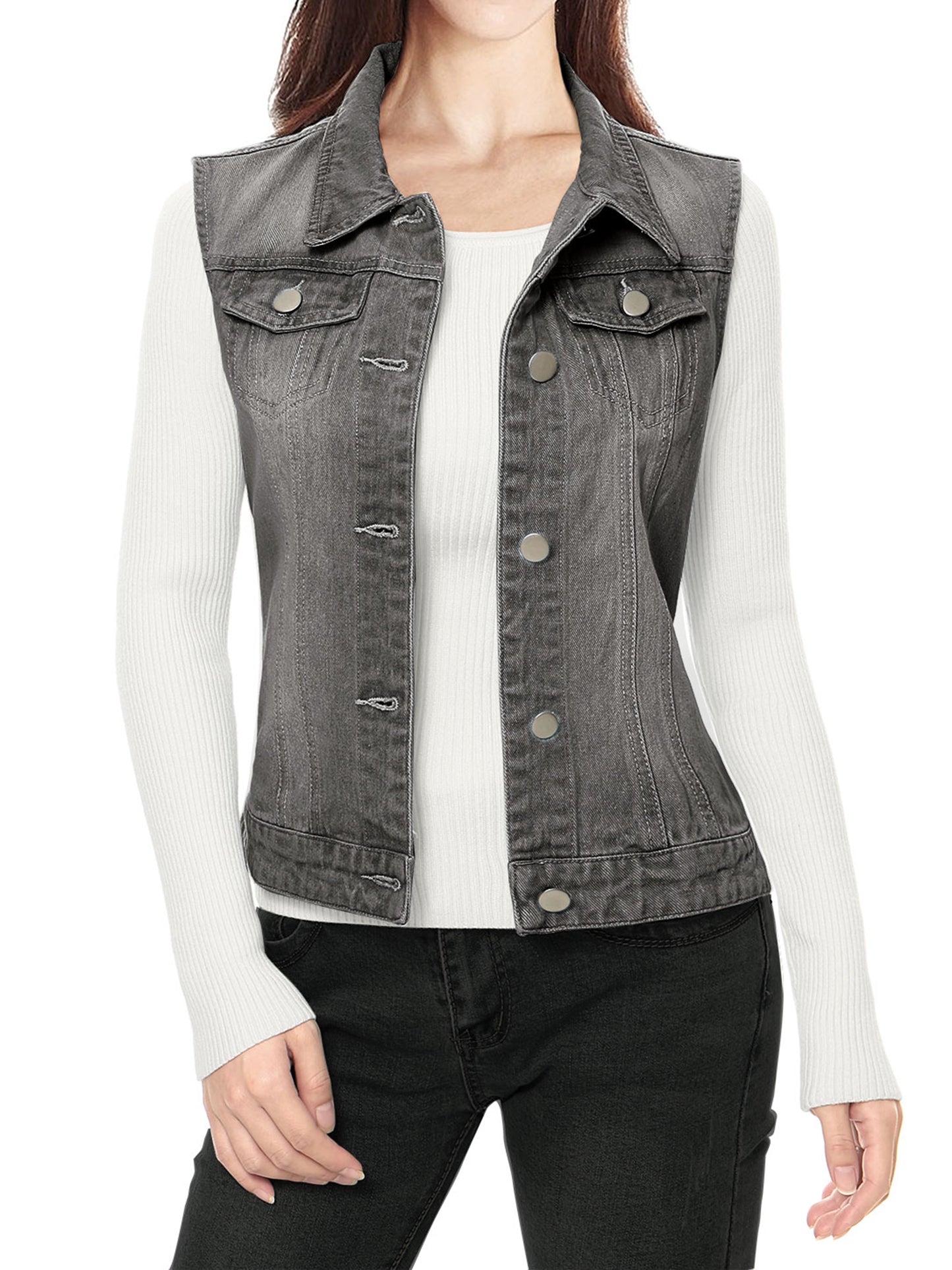 Women's Buttoned Washed Denim Vest Jacket W Chest Flap Pockets (Available in Plus Size)