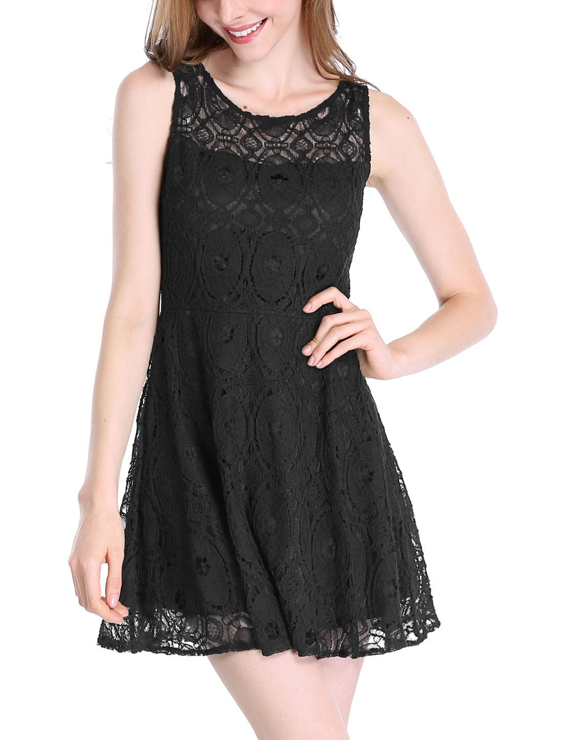 Women Sleeveless Bateau Neck Floral Lace Flare Dress