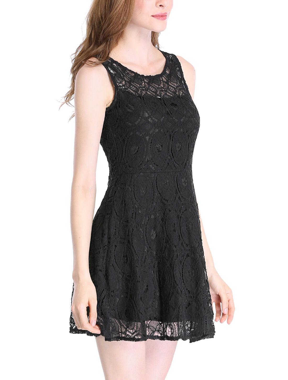 Women Sleeveless Bateau Neck Floral Lace Flare Dress