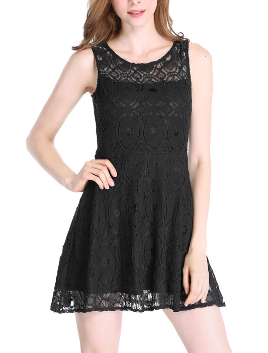 Women Sleeveless Bateau Neck Floral Lace Flare Dress