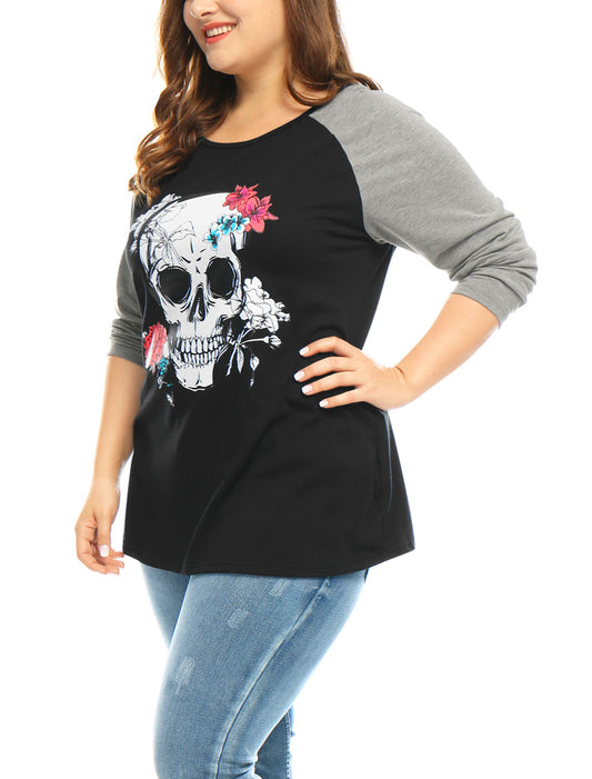 Women's Plus Size Tee T-Shirt Floral Skull Long Sleeve Tops Loose Tunic
