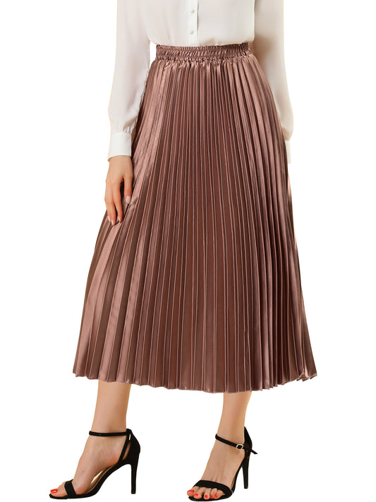 Women's Pleated Elastic Waist Metallic Shiny Accordion Elegant Midi Skirt (Available in Plus Size)