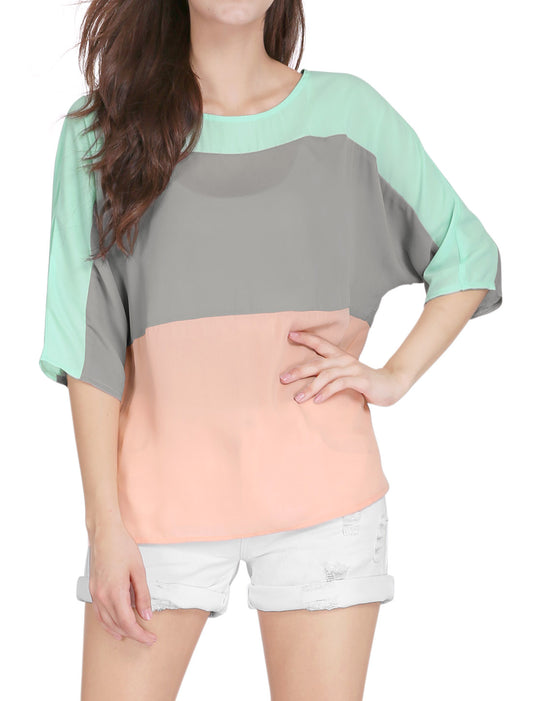 Women's Chiffon Top Half Batwing Sleeve Color Block Loose Tunic