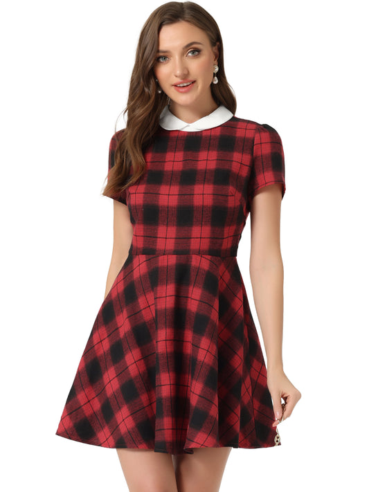 Women Plaids Contrast Peter Pan Collar Puff Sleeves Above Knee Dress