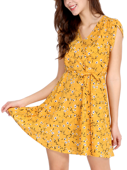 Women's Boho Crossover V Neck Petal Sleeves Belted Floral Flowy Dress