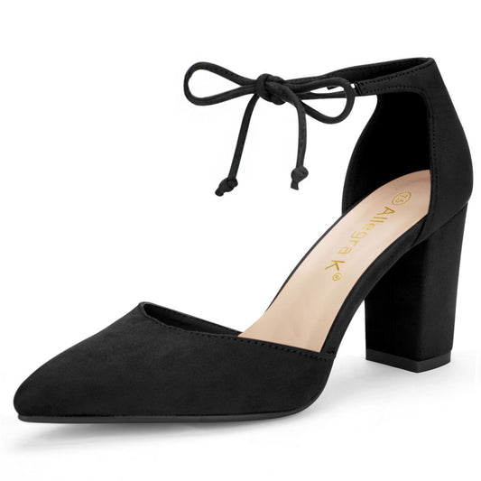 Zapatos de vestir con punta puntiaguda y tacón grueso con lazo en el tobillo para mujer