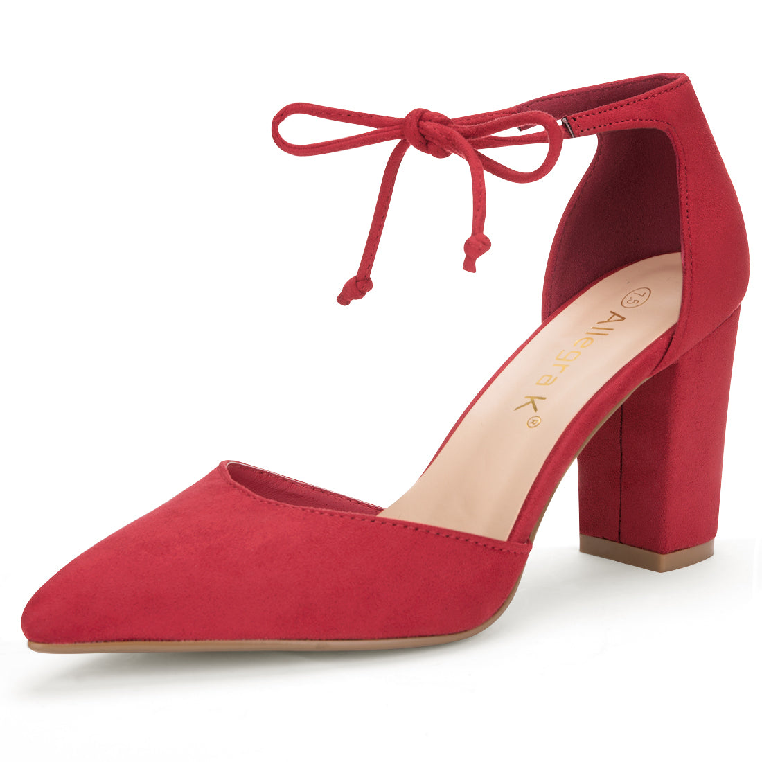 Zapatos de vestir con punta puntiaguda y tacón grueso con lazo en el tobillo para mujer