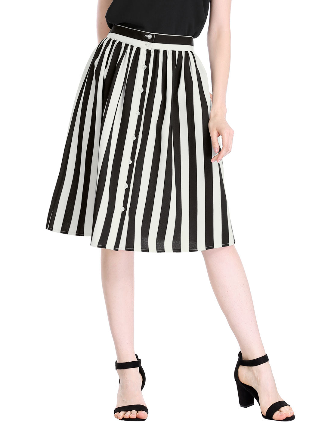 Women's Striped Button Front Elastic Back Waist A-Line Midi Skirt