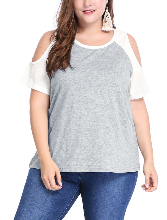 Women's Plus Size Contrast Short Sleeve Cold Shoulder T-Shirt Top Summer Tee