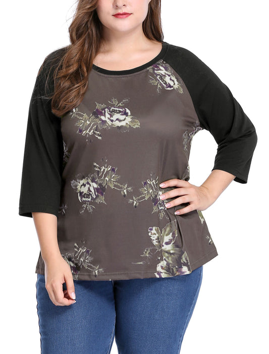 Women's Plus Size Raglan Crewneck 3/4 Sleeve Tunic Tee Shirt Floral Print T-Shirt Casual Top