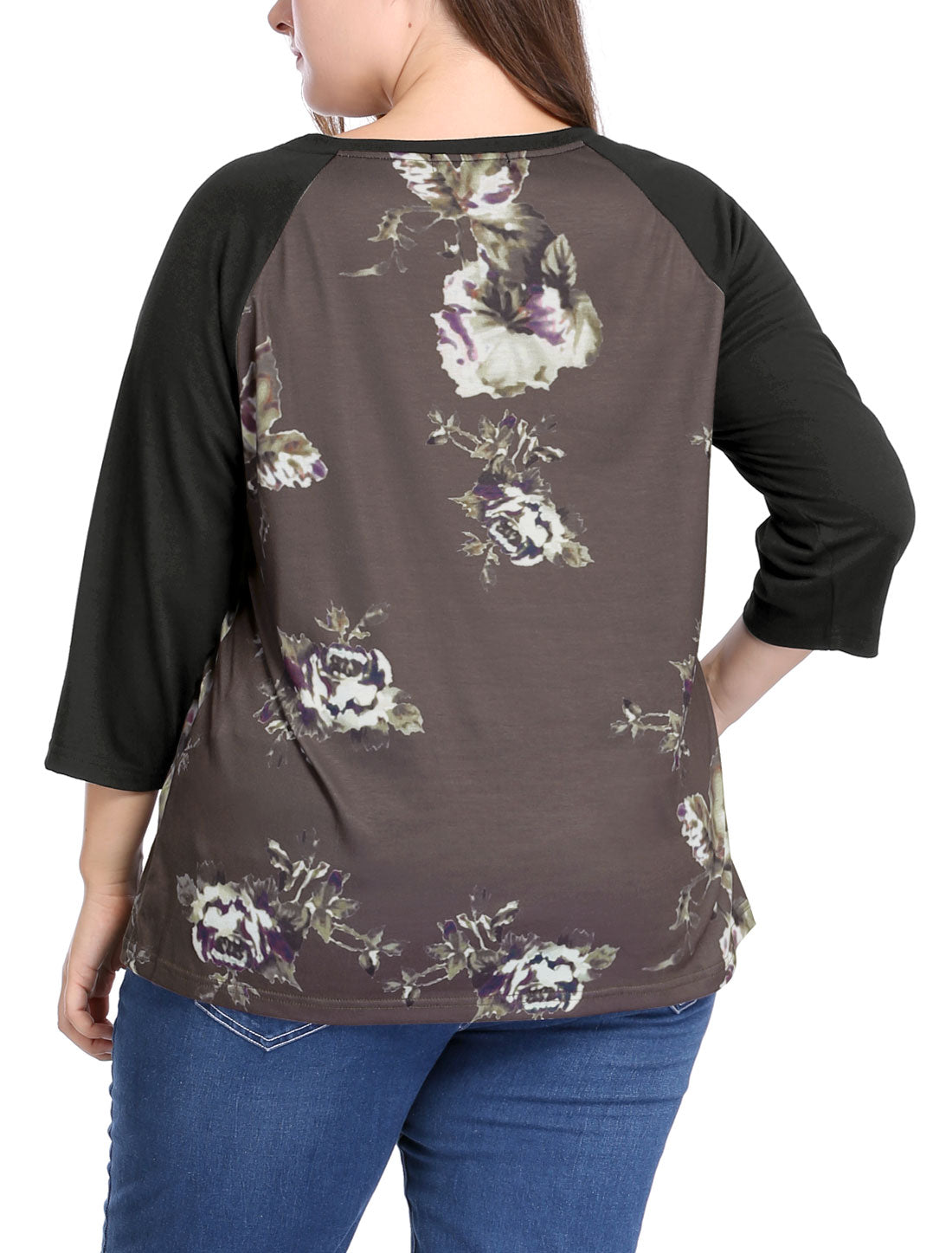 Women's Plus Size Raglan Crewneck 3/4 Sleeve Tunic Tee Shirt Floral Print T-Shirt Casual Top
