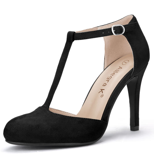 Zapatos de vestir con tiras en T, tacón de aguja y punta redondeada para mujer
