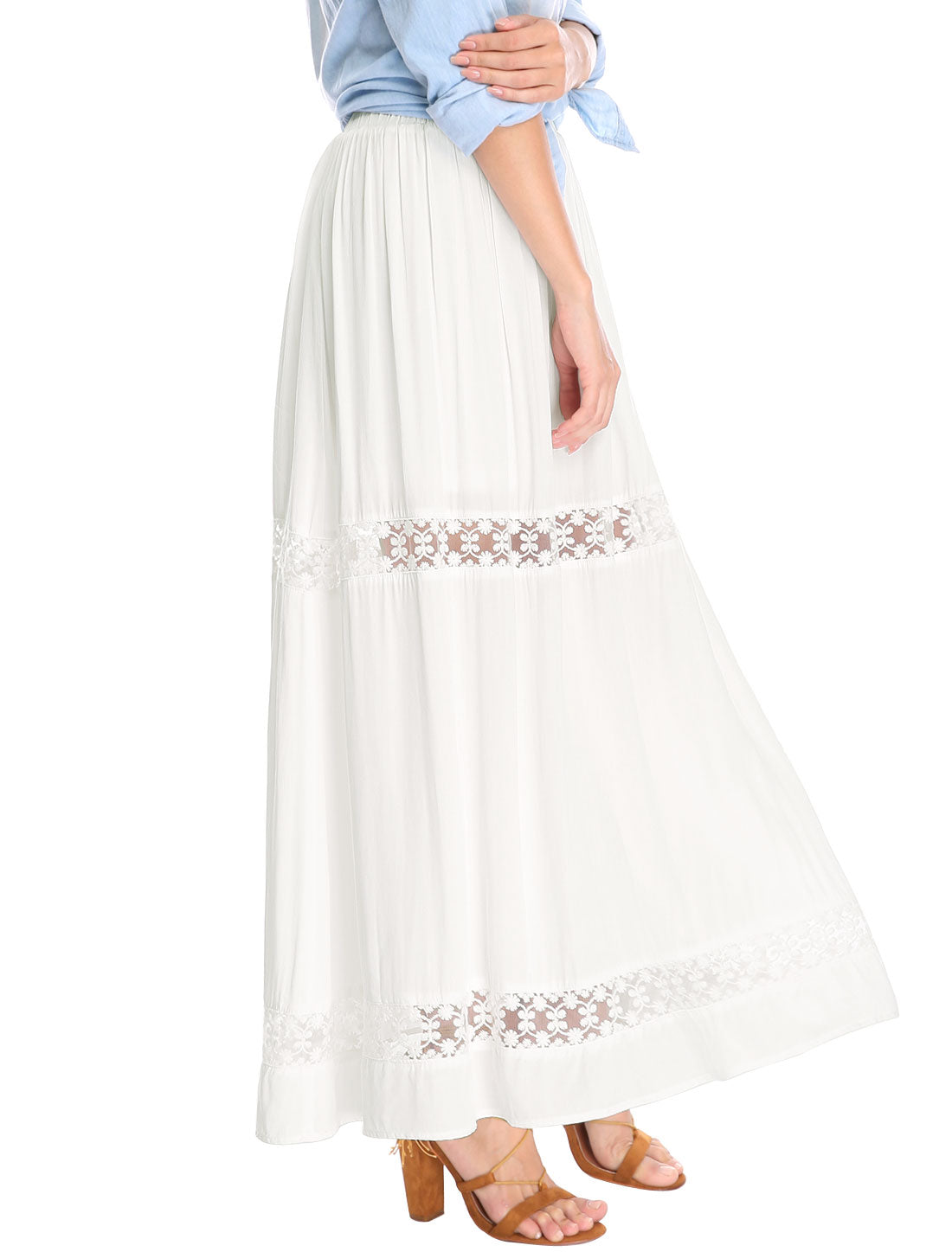 Women's Long Skirts Elastic Waist Swing A-Line Lace Insert Maxi Skirt (Available in Plus Size)