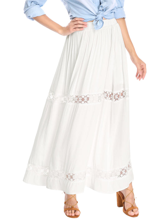 Women's Long Skirts Elastic Waist Swing A-Line Lace Insert Maxi Skirt (Available in Plus Size)