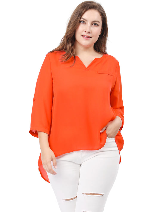 Women Plus Size 3/4 Sleeve Sheer Flowy Summer Split V Neck Blouse