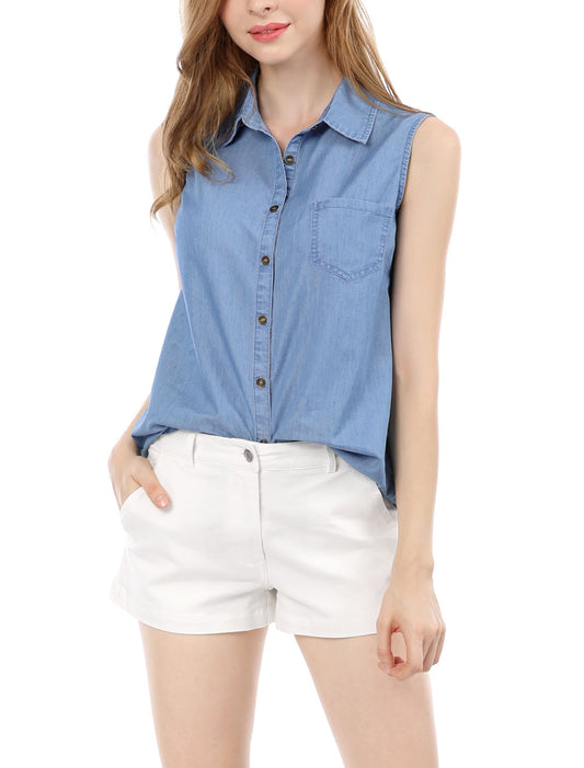 Women Single Breasted Point Collar Sleeveless Shirt (Available in Plus Size)