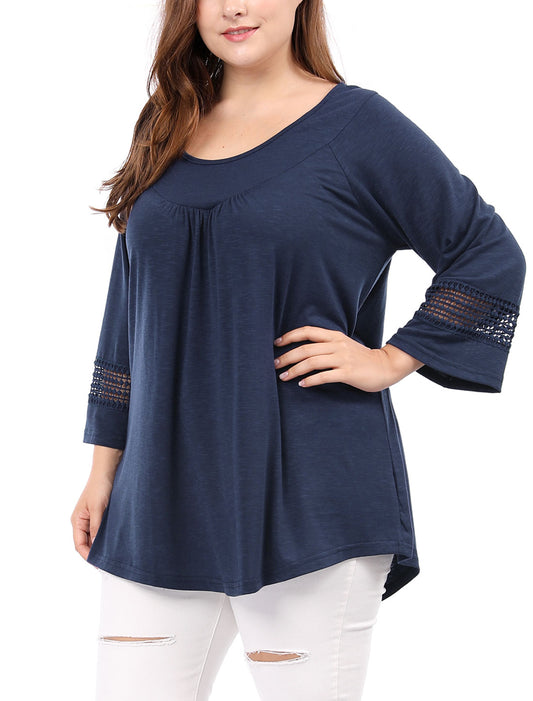 Women's Plus Size Tops Long Sleeve Crochet Panel Hollow Out Pleated Tunics Blouse