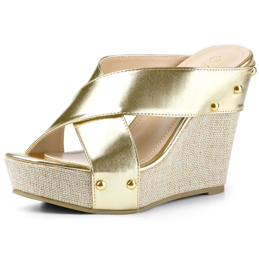 Women Open Toe Linen Platform Slide Wedge Sandals