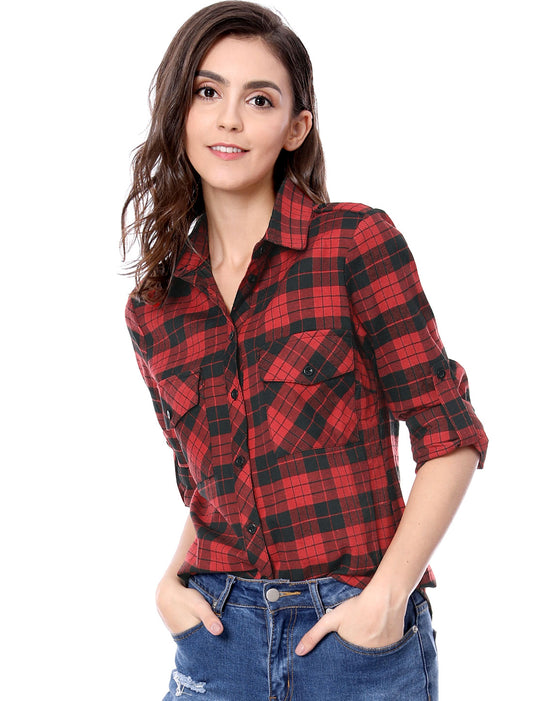 Women's Roll Up Long Sleeve Button Down Plaid Flannel Shirt