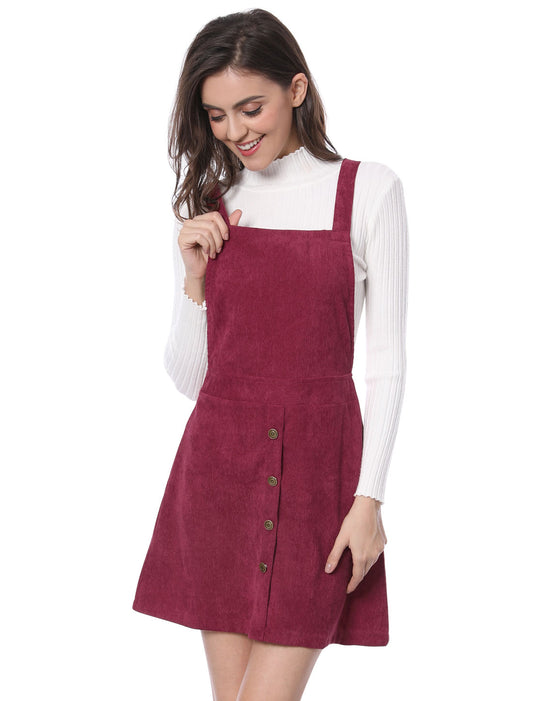 Vestido tipo pichi de pana con botones en la parte delantera, corte A y pechera para mujer
