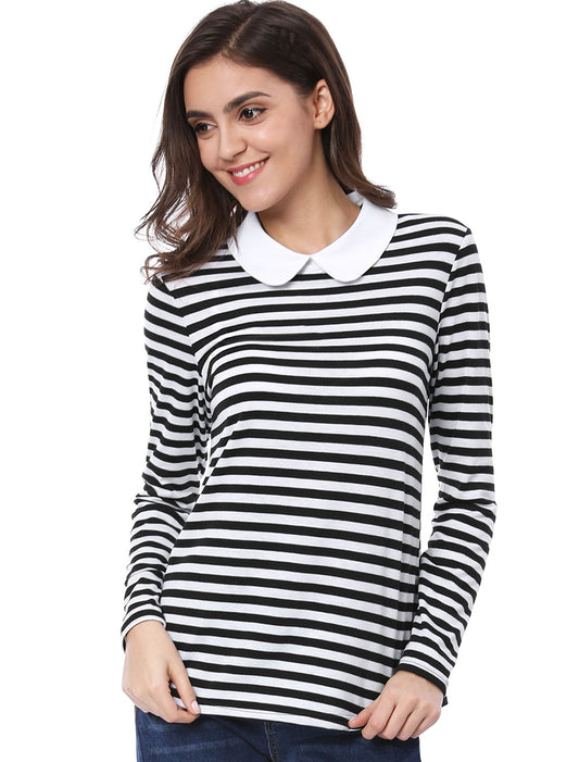 Women's Contrast Collar Long Sleeves Peter Pan Collar Striped Shirt Top