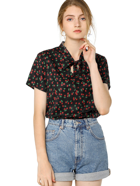 Women's Bow Tie Neck Short Sleeve Printed Chiffon Blouse