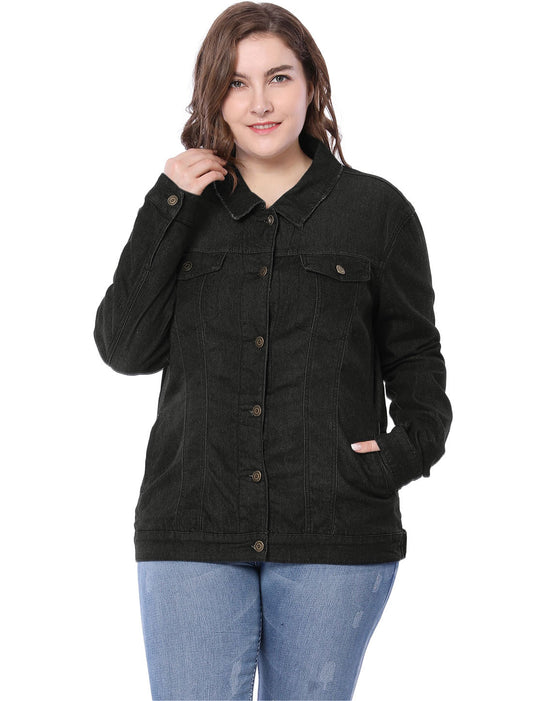 Women's Plus Size Jean Jacket Stitching Button Front Washed Denim Jacket