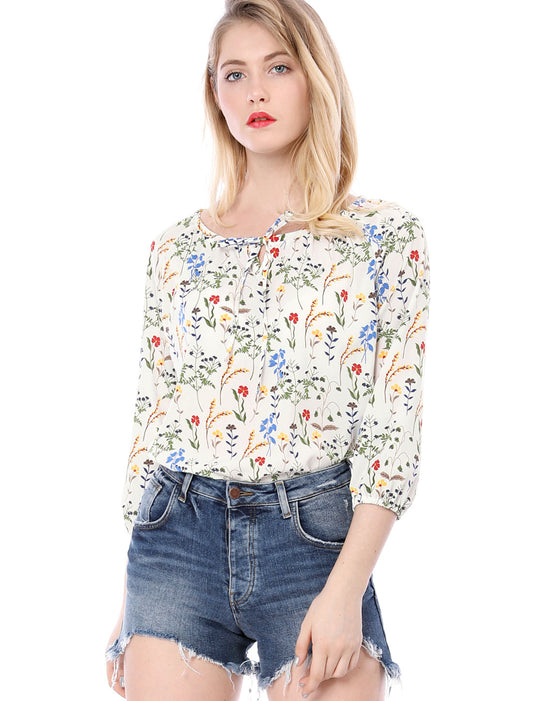 Women Floral Print 3/4 Raglan Sleeve Drawstring Round Neck Blouse