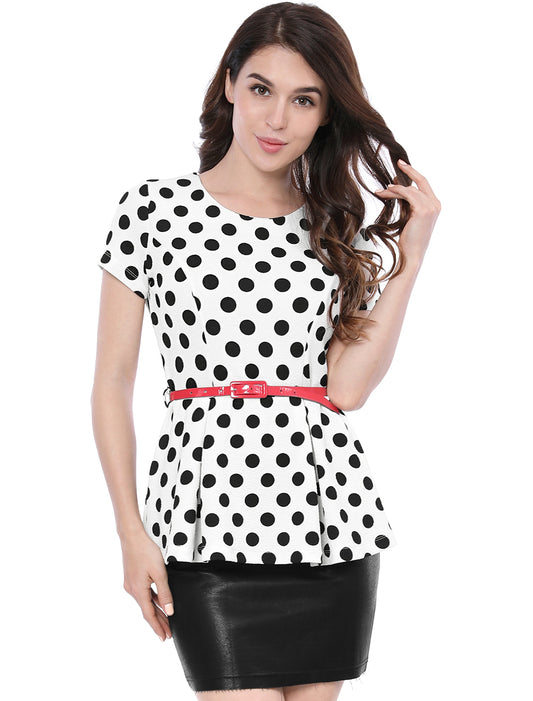 Women's Peplum Top Belted Round Neck Contrast Polka Dots Blouse