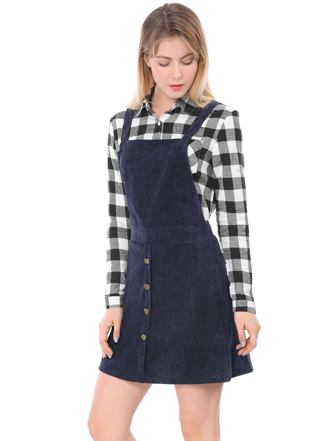 Vestido tipo pichi de pana con botones en la parte delantera, corte A y pechera para mujer