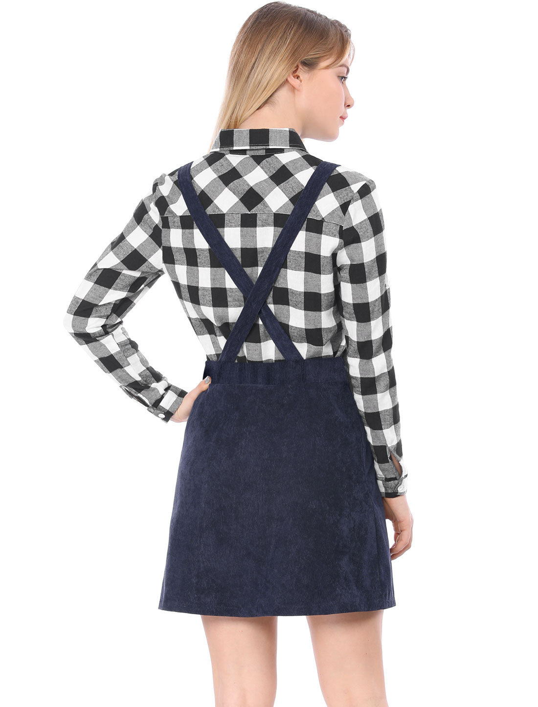 Vestido tipo pichi de pana con botones en la parte delantera, corte A y pechera para mujer