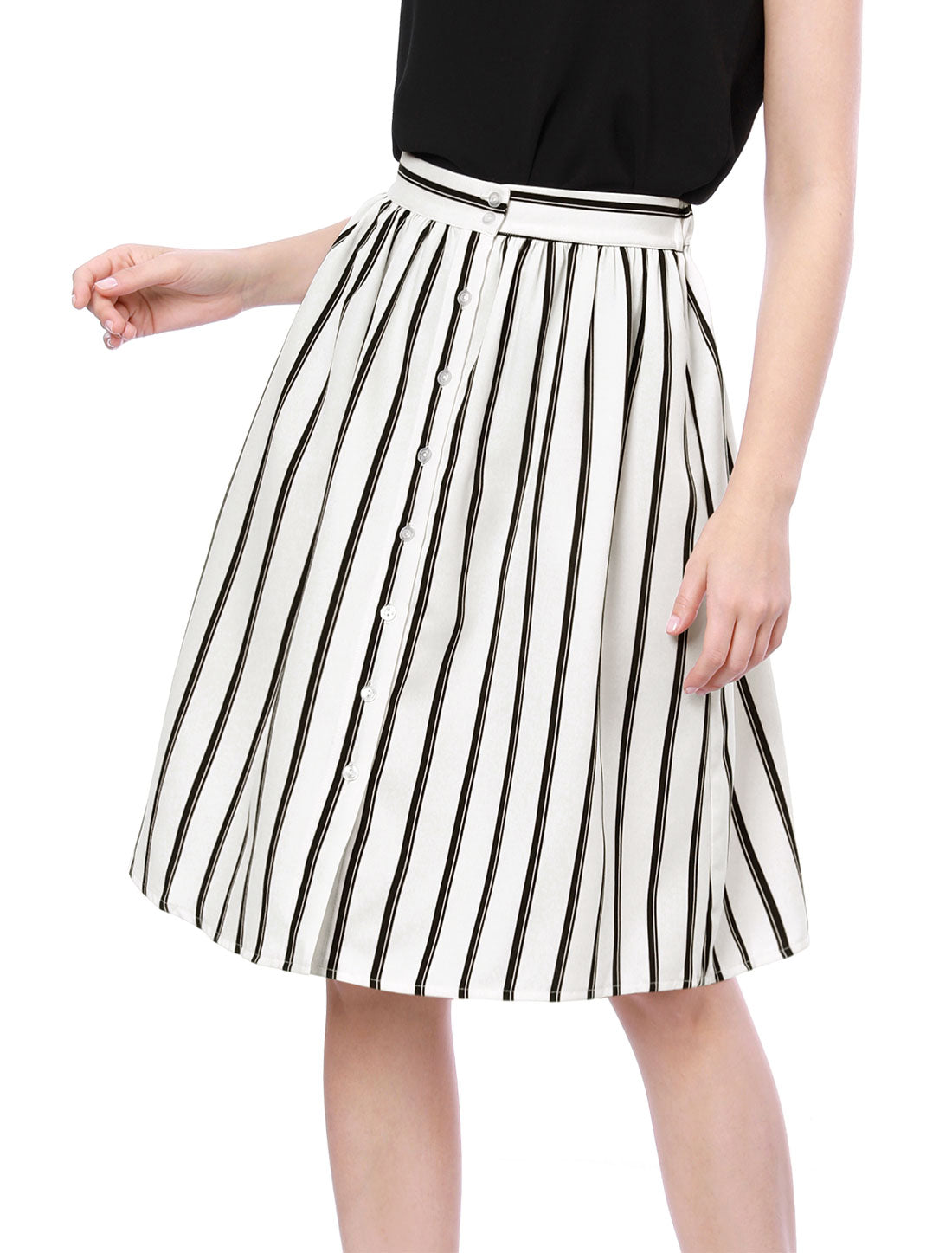 Women's Striped Button Front Elastic Back Waist A-Line Midi Skirt