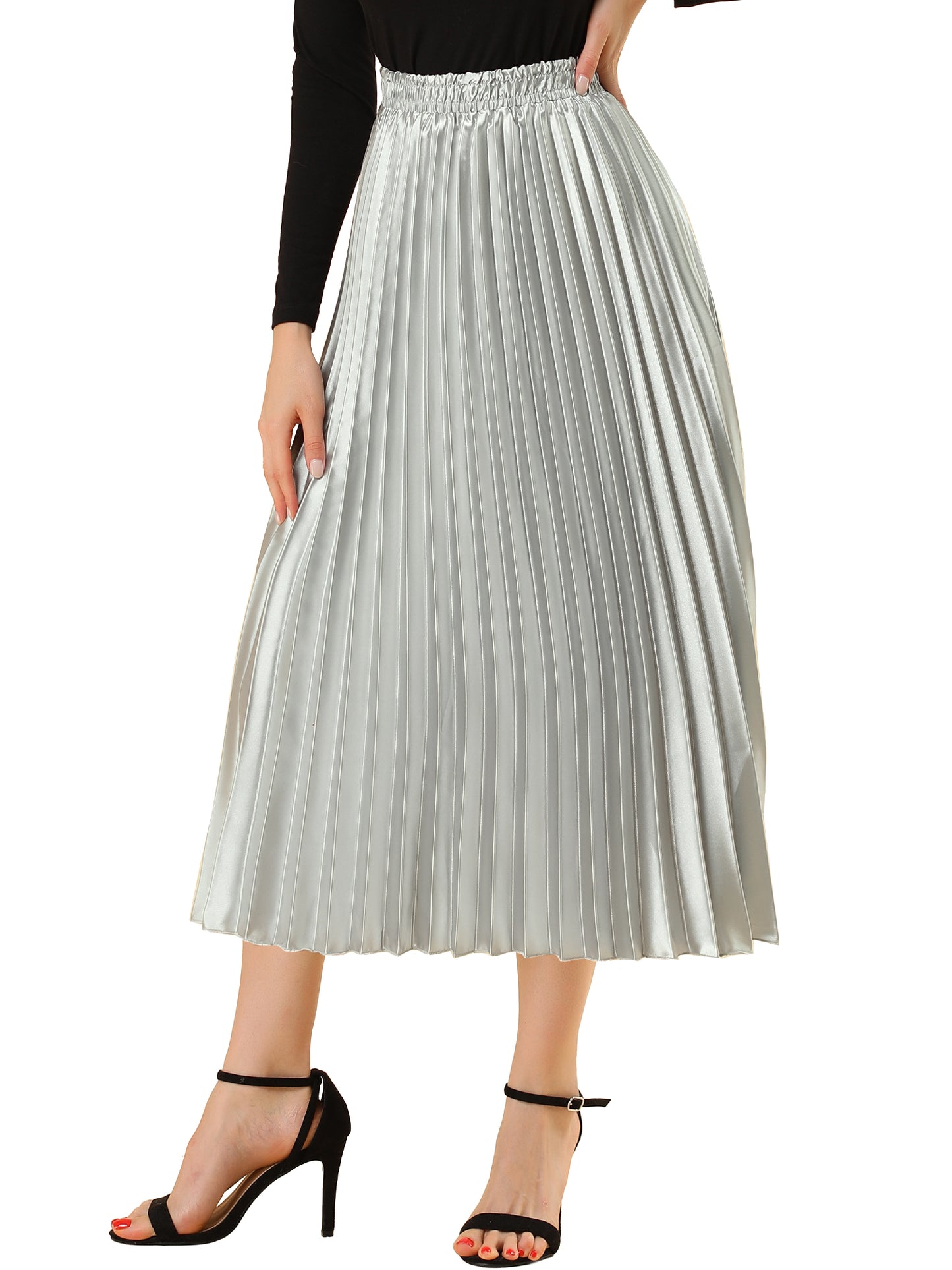 Women's Pleated Elastic Waist Metallic Shiny Accordion Elegant Midi Skirt (Available in Plus Size)