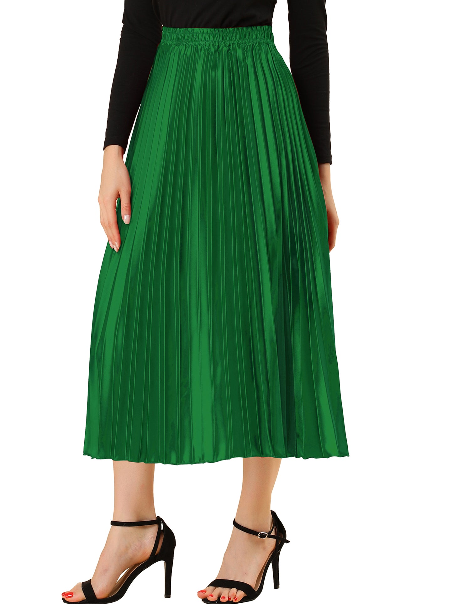 Women's Pleated Elastic Waist Metallic Shiny Accordion Elegant Midi Skirt (Available in Plus Size)