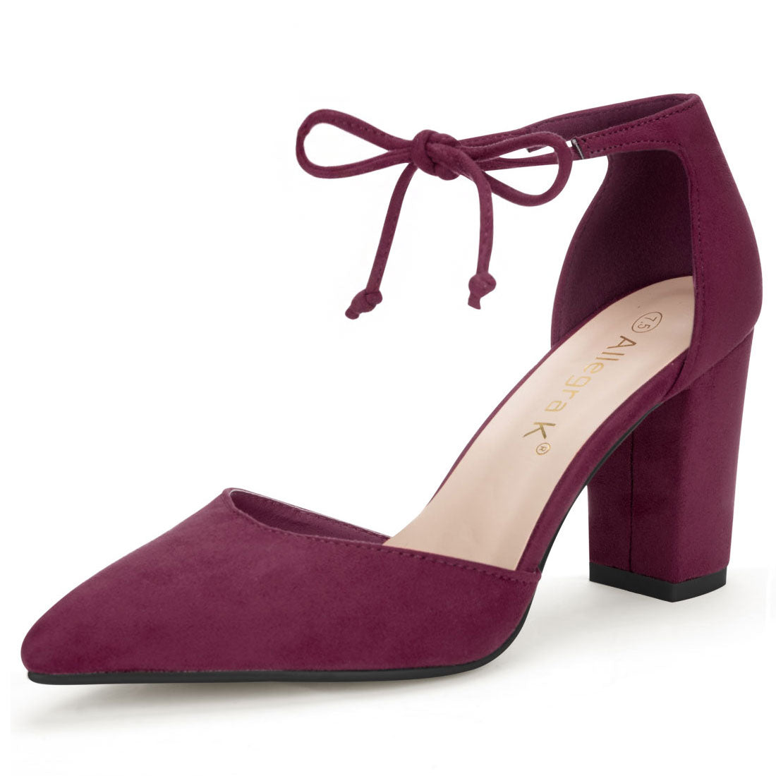 Zapatos de vestir con punta puntiaguda y tacón grueso con lazo en el tobillo para mujer