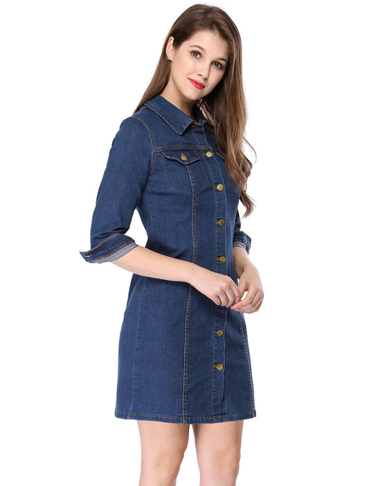 Women's 3/4 Sleeve Button Down Denim Shirt Dress