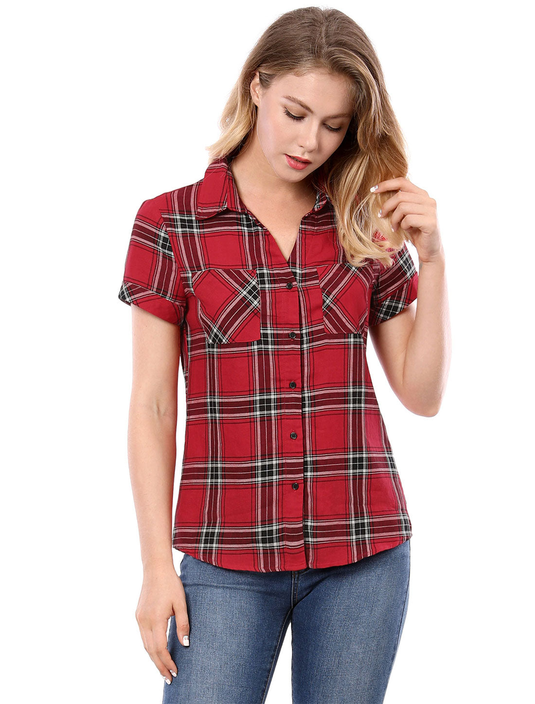 [PACK SALES] Women's 2 Pieces Button Front Short Sleeves Plaid Shirt