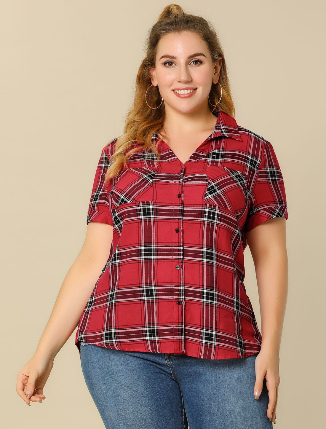 [PACK SALES] Women's 2 Pieces Button Front Short Sleeves Plaid Shirt