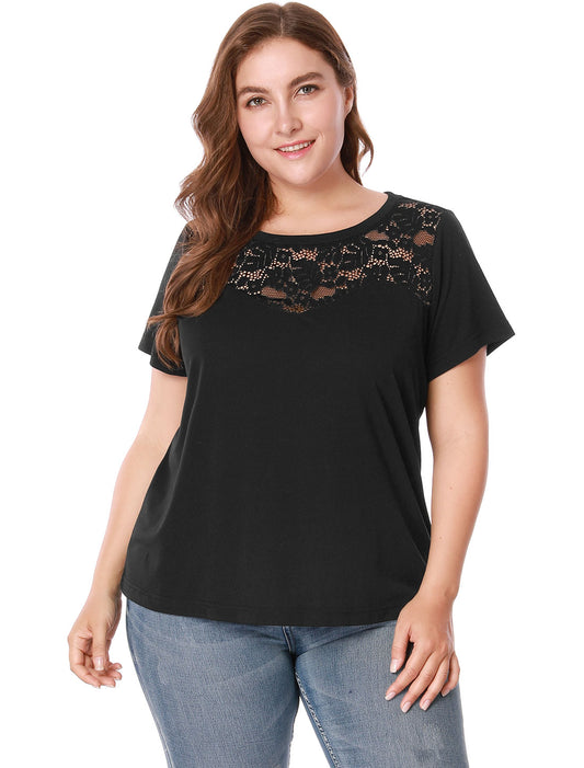 Women's Plus Size Top Casual Tshirt Short Sleeve Hollow Mesh Lace Top